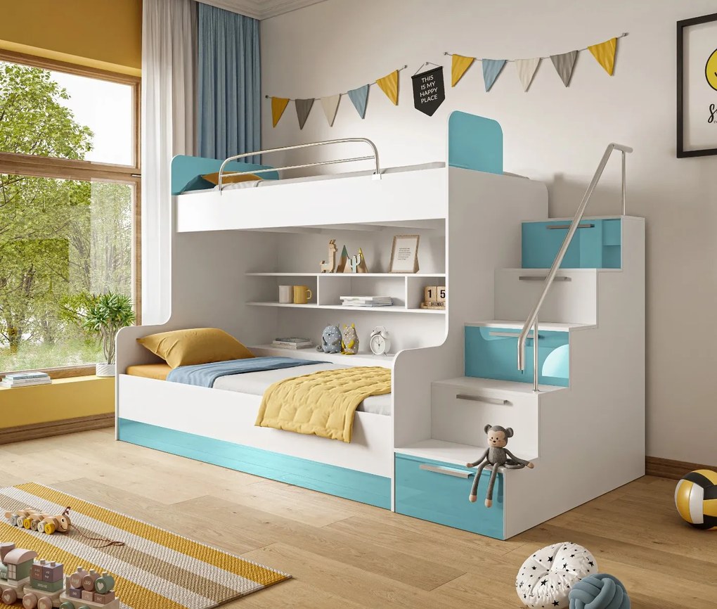 DETSKÁ POSCHODOVÁ POSTEĽ KLARA + SCHODY + POLICE SKRINKY BIELO / TYRKYSOVÁ