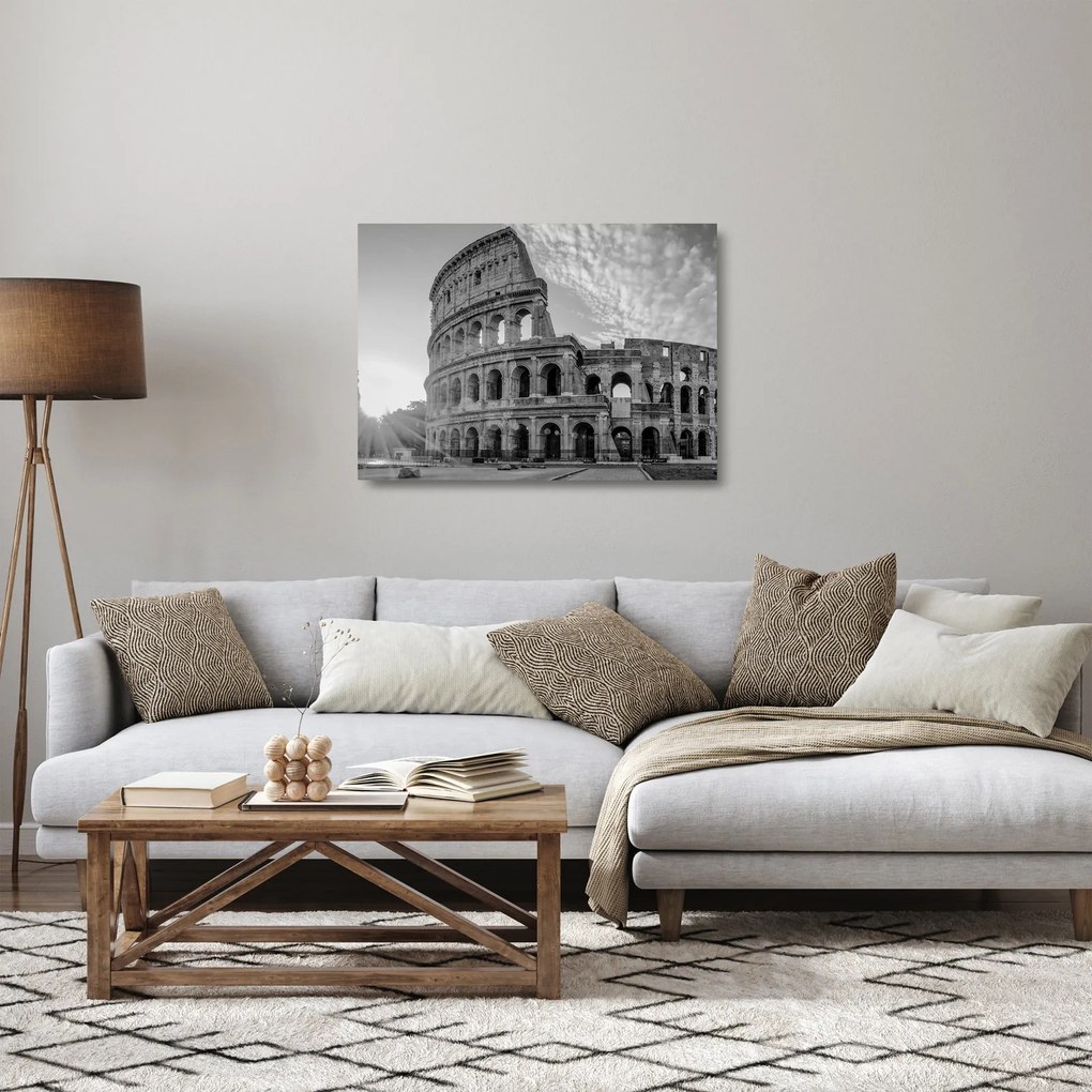 Sklenený obraz - Koloseum v Ríme, čiernobiele (70x50 cm)