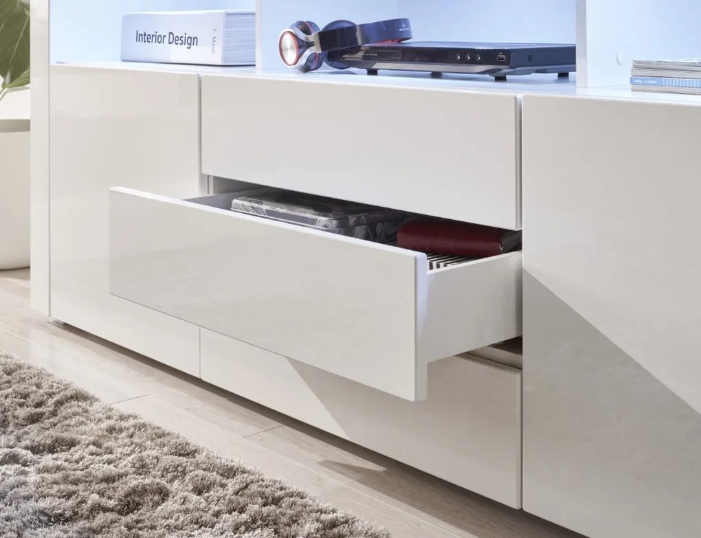 Široká TV skrinka Leeds, biela lesk, s osvetlením