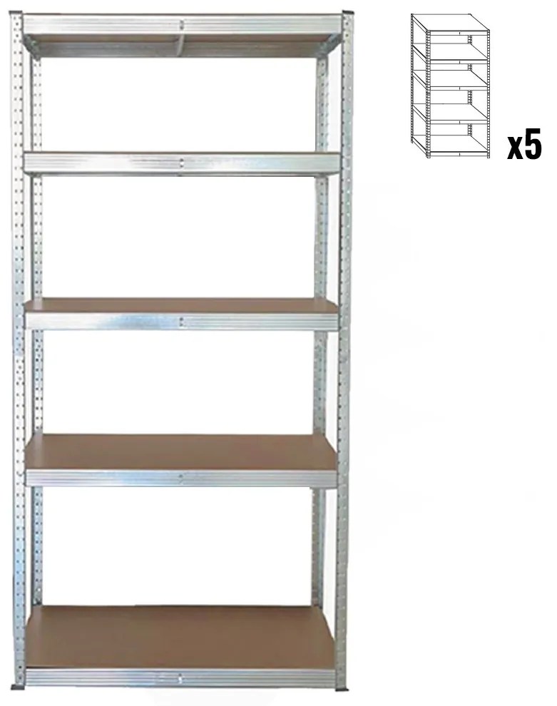 Pack 5x Stabil S, bezskrutkový kovový regál s HDF policou, 180x90x40 cm, 5 políc, 175kg na policu, zinok