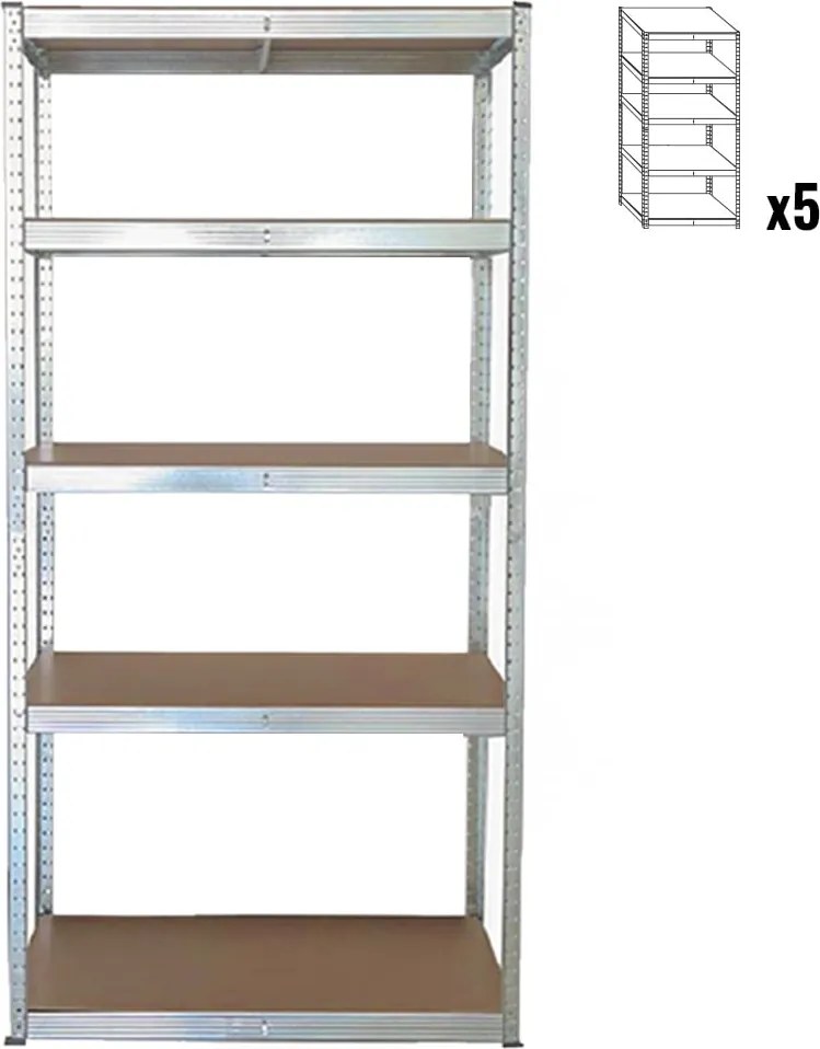 Pack 5x Stabil S, bezskrutkový kovový regál s HDF policou, 180x90x40 cm, 5 políc, 175kg na policu, zinok
