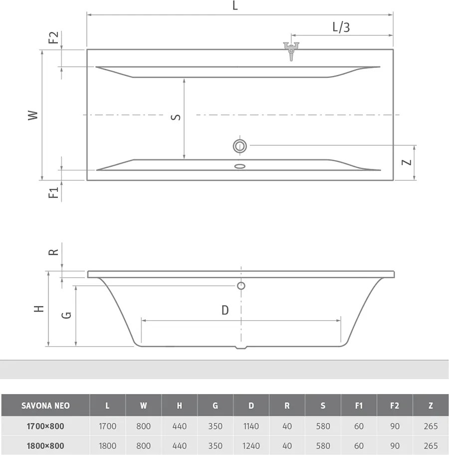 Roth Obdĺžniková akrylátová vaňa SAVONA NEO ROTH-Variant: rozmery: 170x80 cm - (SAVONA NEO 170 - 9290000)