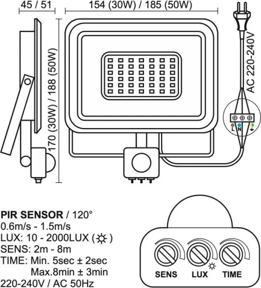 LED Vonkajší reflektor so senzorom LED/50W/230V 4000K IP44 čierna