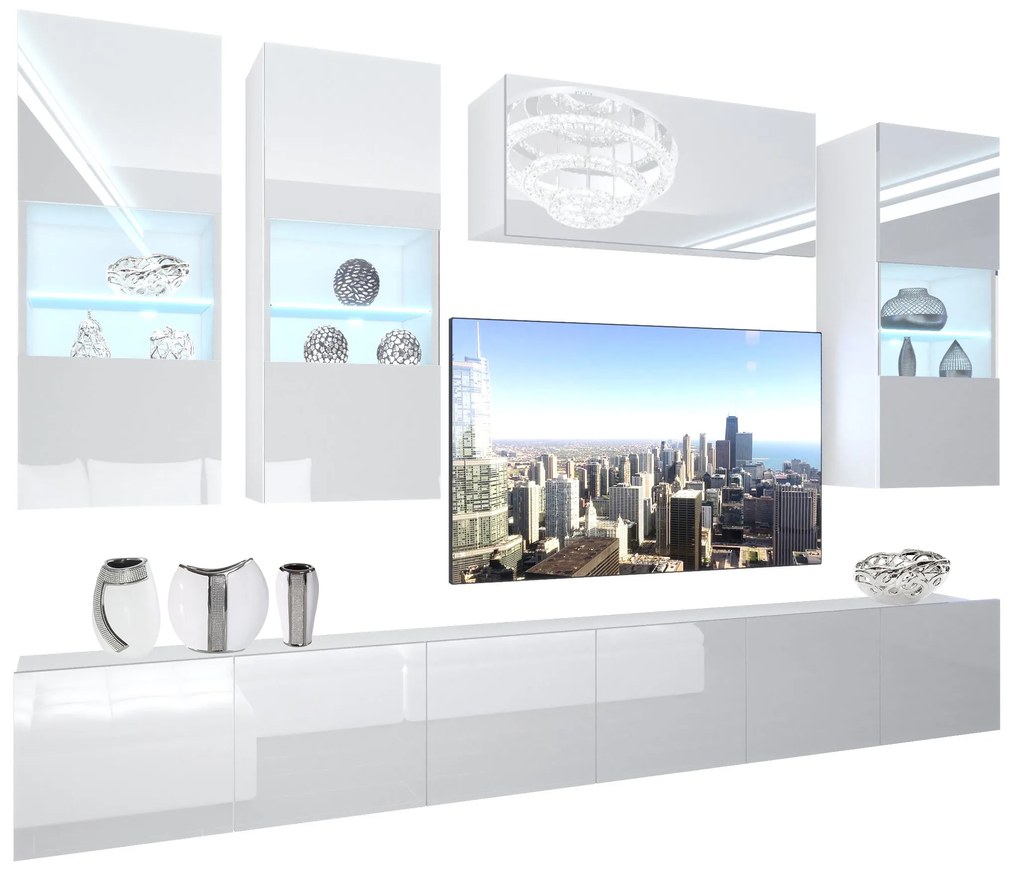 Obývacia stena Belini Premium Full Version biely lesk + LED osvetlenie Nexum 75