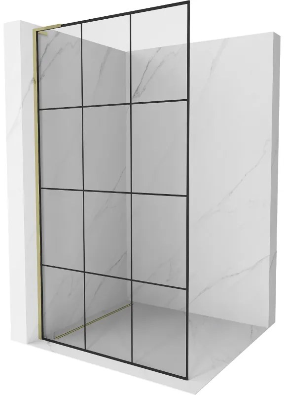 Mexen Kioto L, sprchová zástena Walk-In 110 x 200 cm, 8mm číre sklo čierny vzor, zlatý lesklý profil,800-110-103-50-77