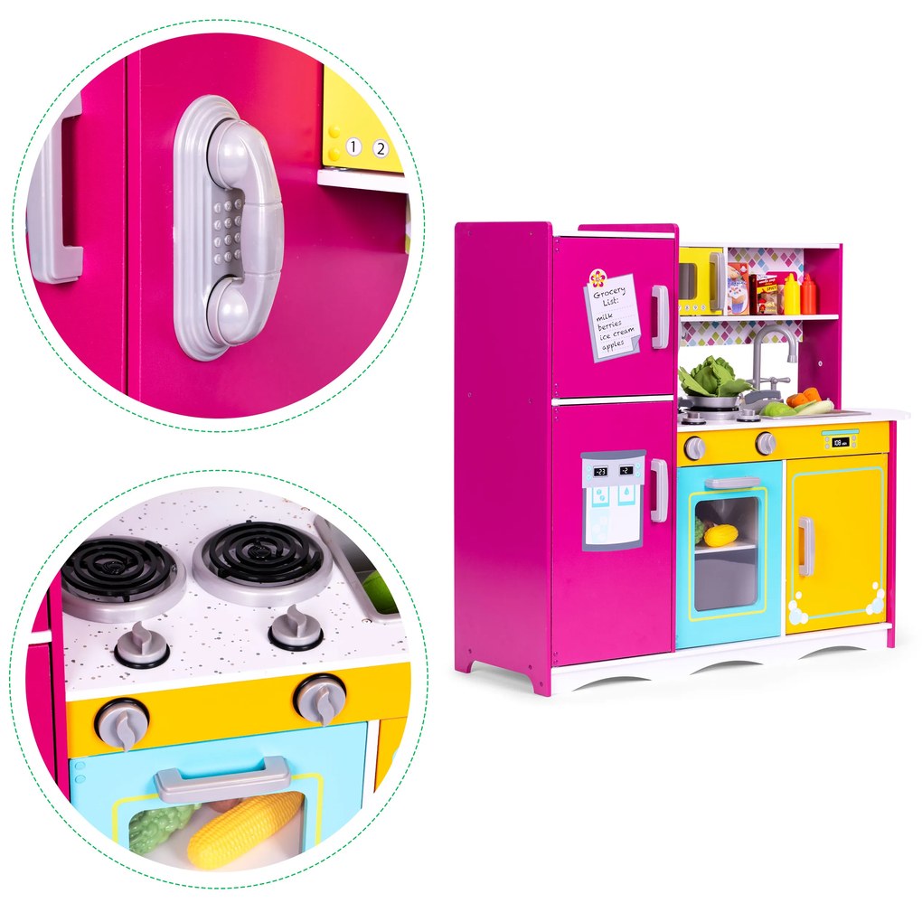 Veľká drevená kuchynka pre deti, farebná otváracia chladnička, rúra, mikrovlnka ECOTOYS