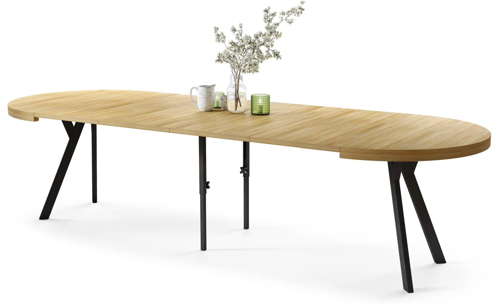 EXPANSO Dub Americký / čierne nohy - VEĽKÝ OKRÚHLY STÔL Ø110 ROZKLADACÍ AŽ DO 310 cm S NOHAMI Y LOFTOVÝ / INDUSTRIÁLNY