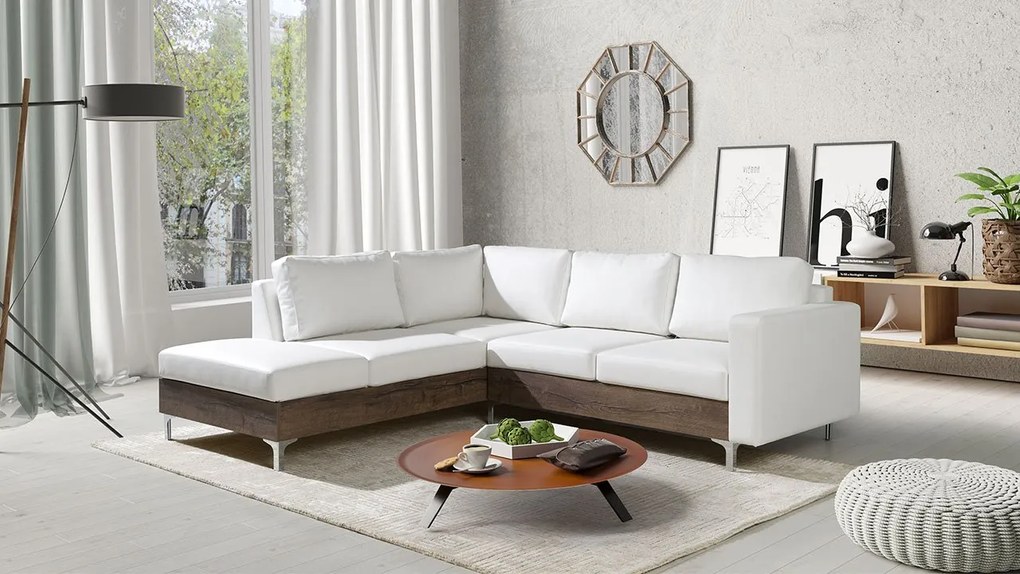 Rohová pohovka Hermes Wood, Farby: ekokoža Soft 011 (čierna), Farby nožičiek: dub artisan, Strana: ľavá