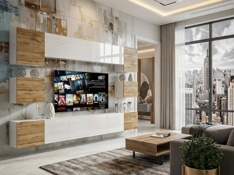 Obývacia stena Belini Premium Full Version dub wotan / biely lesk  + LED osvetlenie Nexum 46