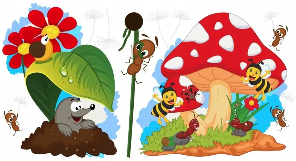Radostná farebná nálepka na stenu krtko a muchotrávka 100 x 200 cm