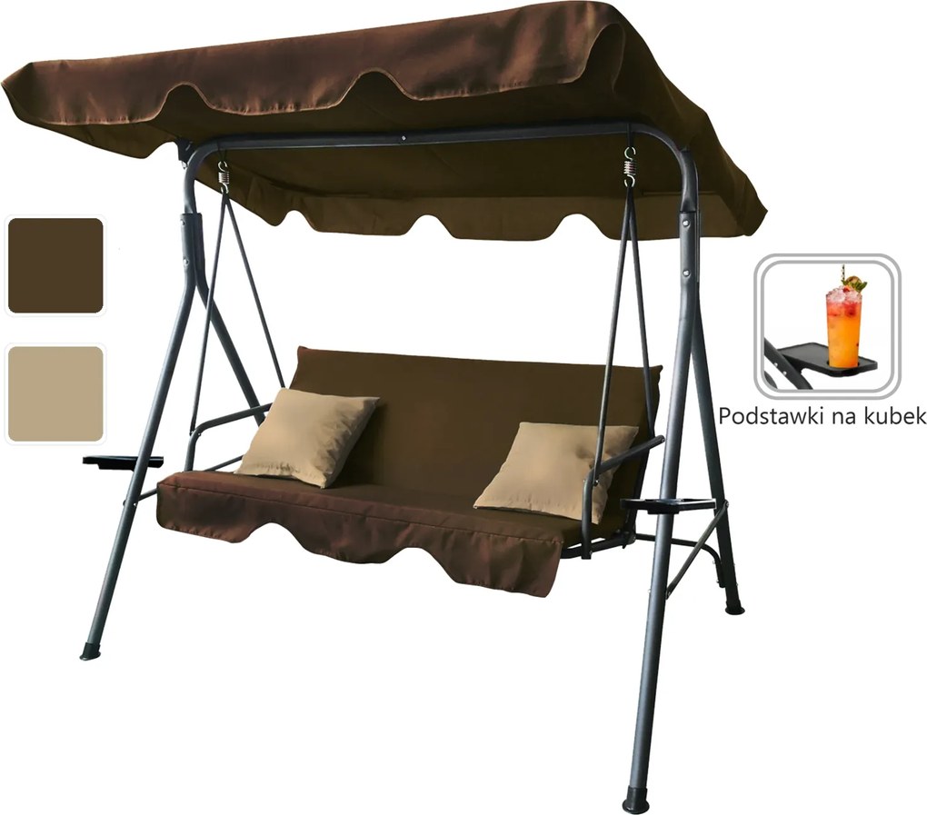 CH ZÁHRADNÁ HOJDAČKA TYPU A 170 x 118 x 153 cm HNEDÁ S BEŽOVÝMI VANKÚŠIKMI A DRŽIAKMI NA POHÁRE