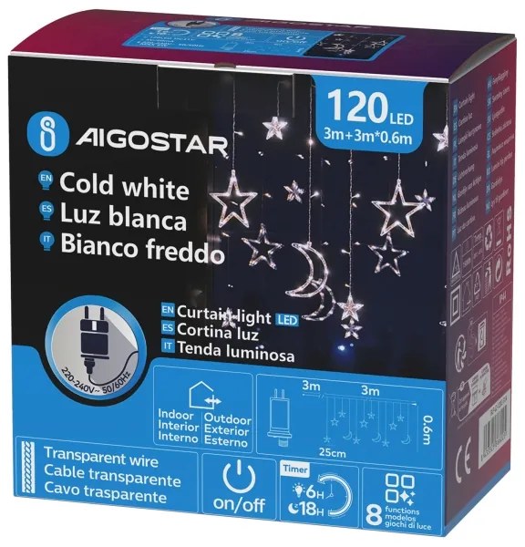Aigostar - LED vonkajší vianočný reťazec 120xLED/6W/230V/8 funkcií 3x0,6m IP44 studená bielaDO