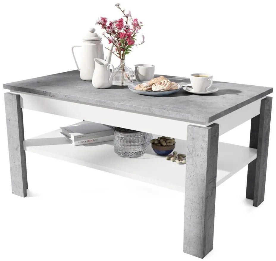 Rozkladací konferenčný stôl so zvíhacou doskou a poličkou ADEN šedá betón/biela