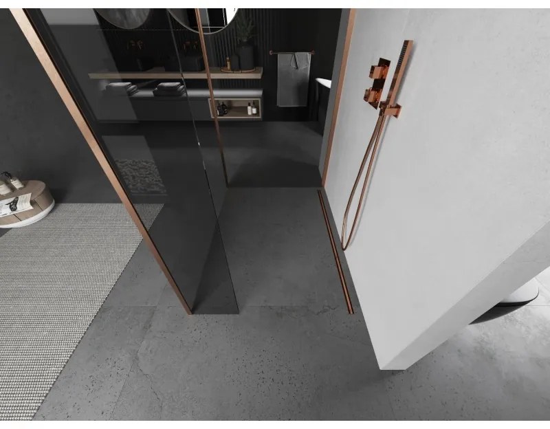 Mexen Kioto, 3-stenová sprchová zástena Walk-In 90 x 80 x 40 cm, 8mm číre sklo, medený matný profil, 800-090-080-221-65-00-040