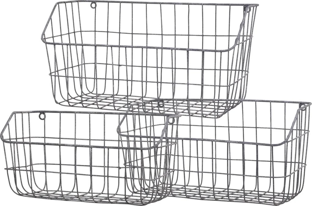 3ks zinkový antik nástenný drôtený košík Fil de fer Basket - 40*19*20/ 35*17*19/ 30*14*15cm