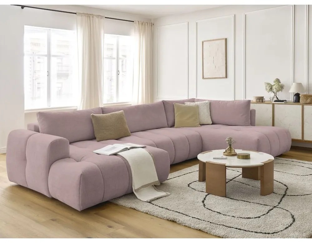 Ružová rozkladacia/s úložným priestorom rohová pohovka (pravý roh/do tvaru "U") Fuji – Bobochic Paris