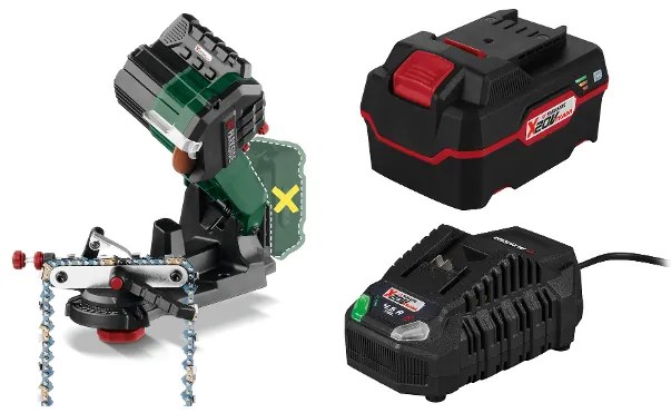 Parkside®  Aku brúska na pílovú reťaz Psga 20-Li A1 + Akumulátor 20 V/4 Ah PAP 20 B3 + Nabíjačka akumulátora 20 V/4,5 A PLG 20 C3  (800010570)