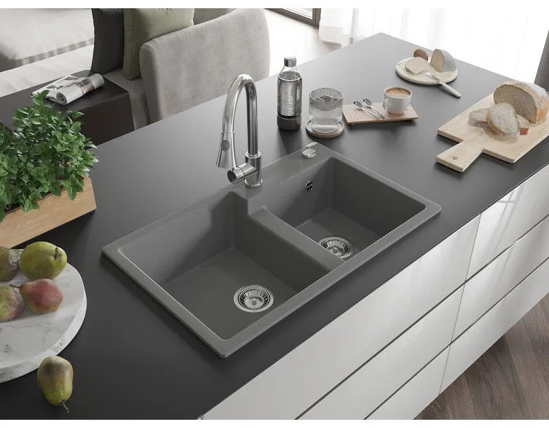 Mexen Tomas, 2-komorový granitový drez 800x500x190 mm a drezová batéria Elia, šedá, 6516-71-670101-00