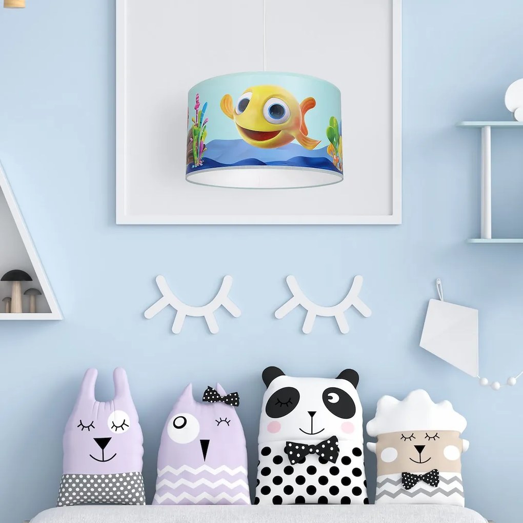 Detské závesné svietidlo Fish, 1x plastové tienidlo so vzorom, bl