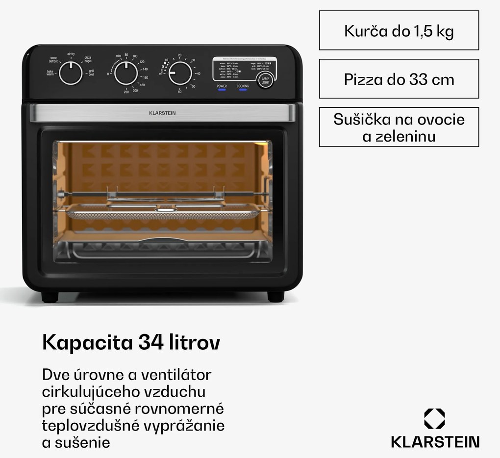 Klarstein Air Glaze teplovzdušná fritéza, 2000 W, 34 litrov, panoramatické okno, vrátane sady príslušenstva