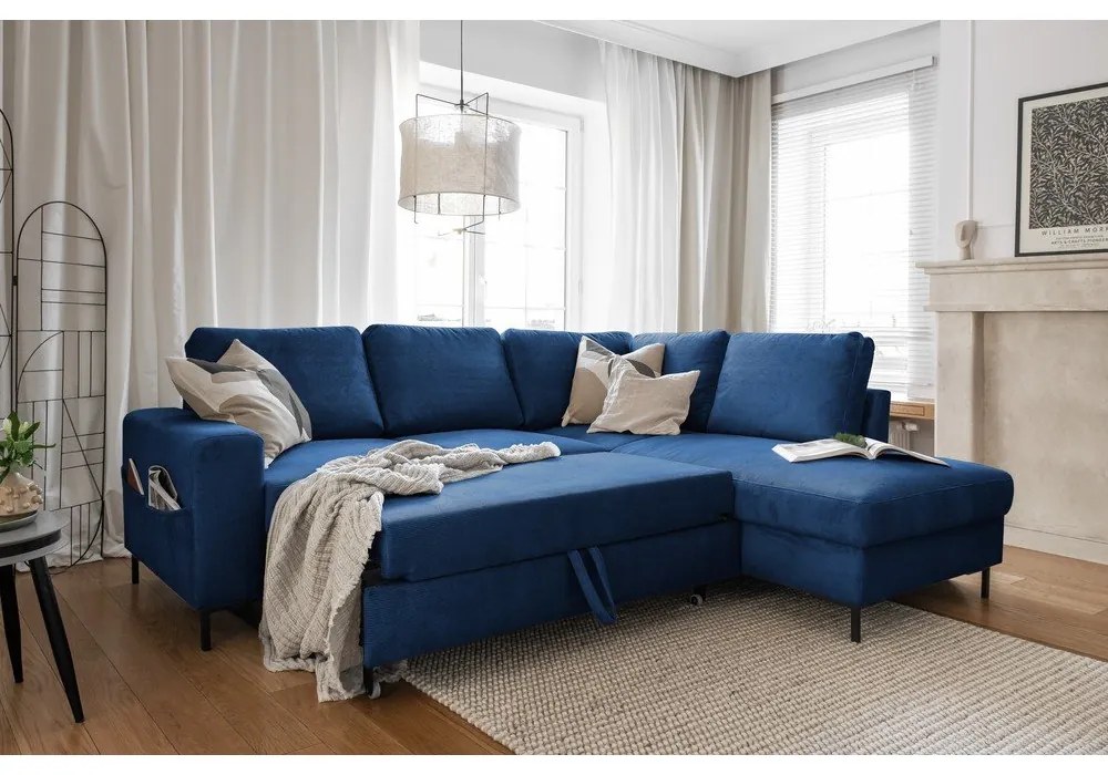 Tmavomodrá menčestrová rozkladacia rohová pohovka (pravý roh) Lofty Lilly – Miuform