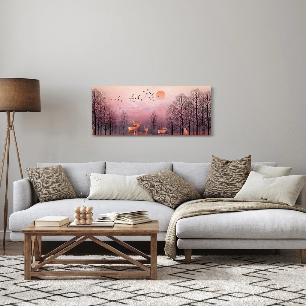 Obraz - Jelene v žiare zapadajúceho slnka (120x50 cm)