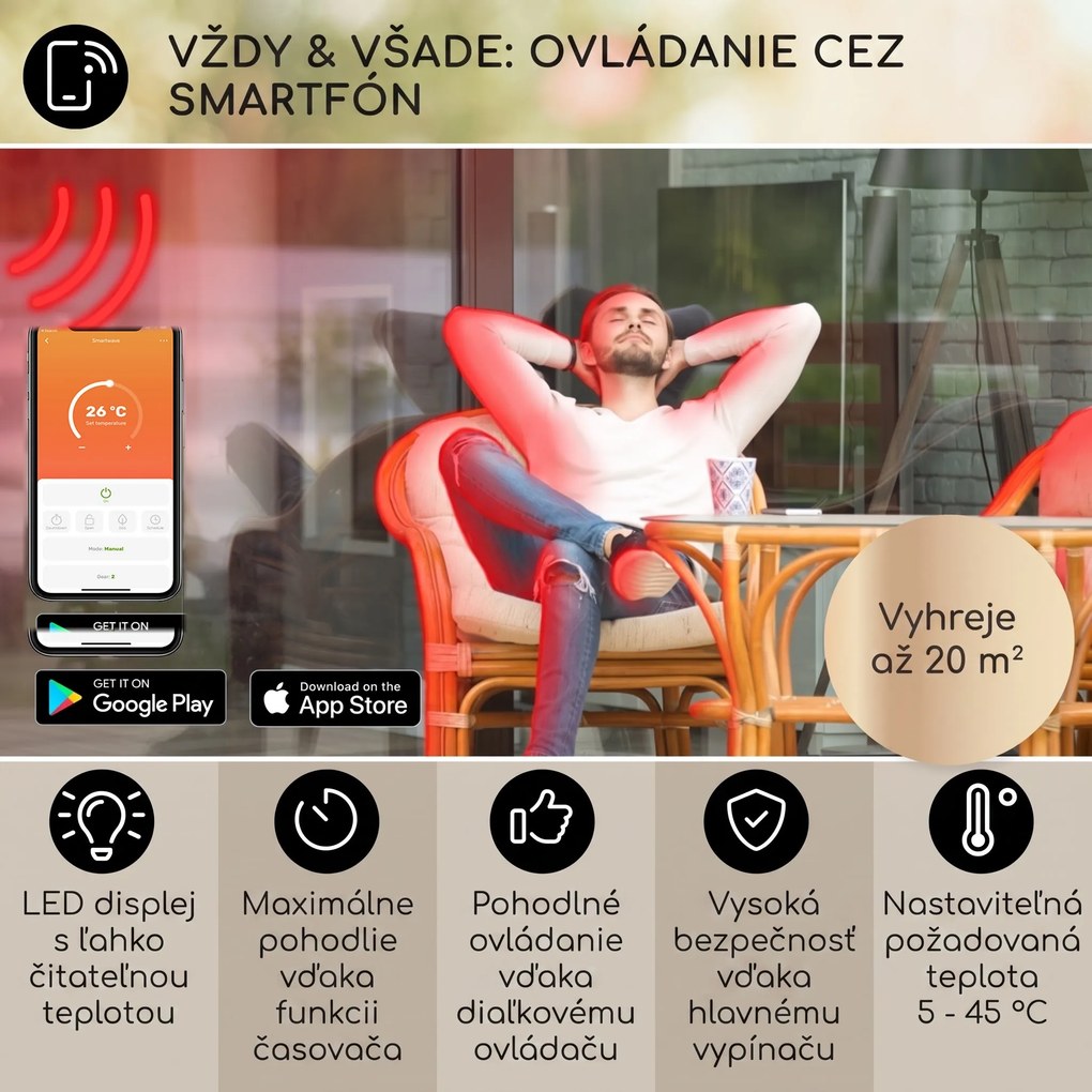 Blumfeldt Smartwave, infračervený ohrievač, 2400 W, WiFi, ovládanie cez aplikáciu, čierny