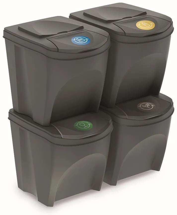 Set košov na triedený odpad II, 4 x 25 l, sivá