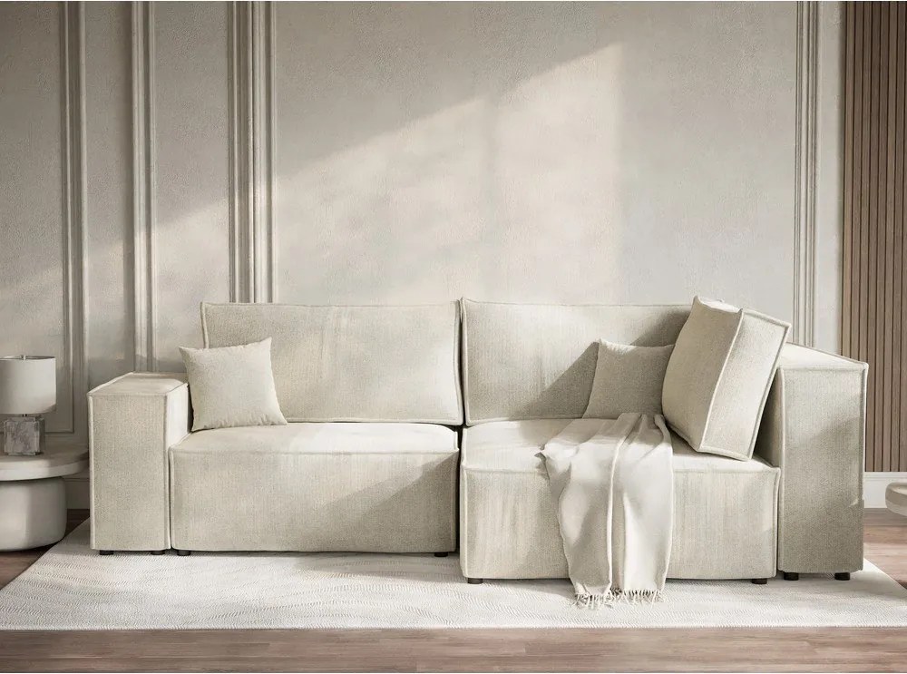 Krémovobiela ženilková rozkladacia/s úložným priestorom rohová pohovka (pravý roh/do L) Tonga – Maison de Rêve