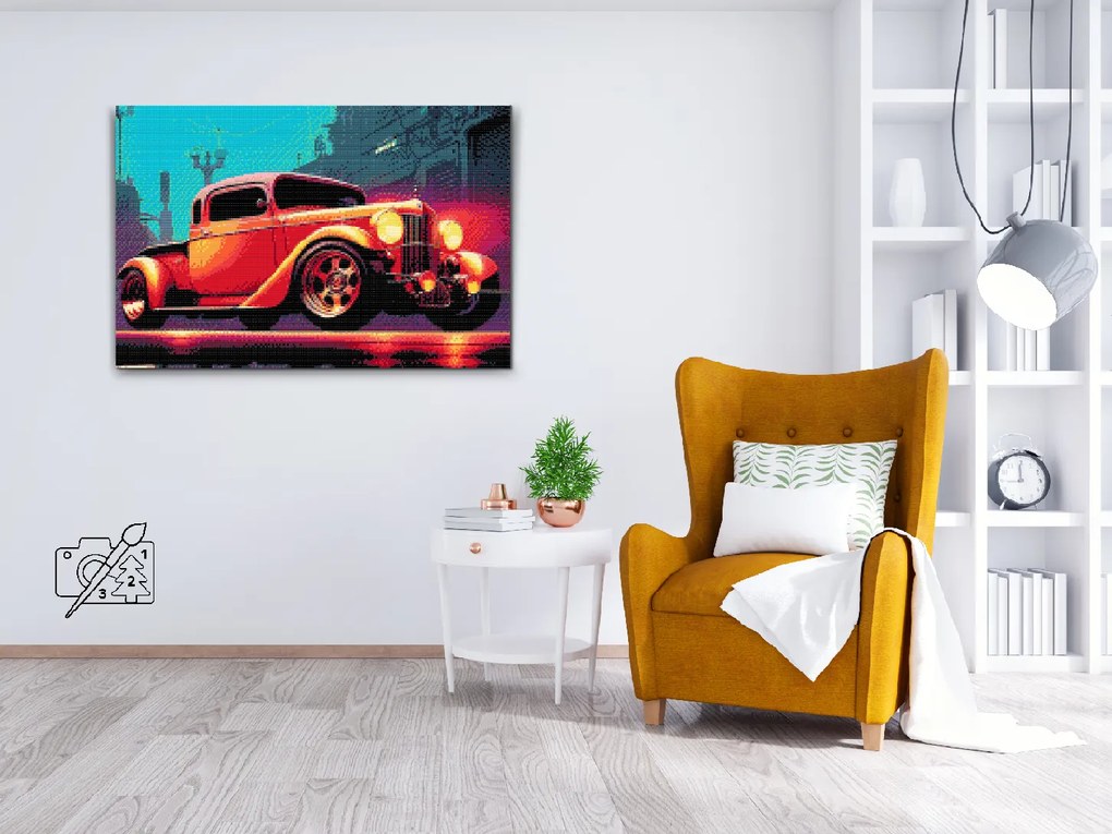 Gario Diamantové maľovanie Retro červené autíčko Rozmery: 80 x 120 cm, Rámovanie: S vnútorným rámom, Diamanty: Štvorcové