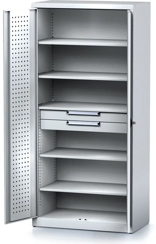 Policová dielenská skriňa 2-dverová MECHANIC, 5 políc, 2 zásuvky, 920 x 500 x 1950 mm, sivé dvere