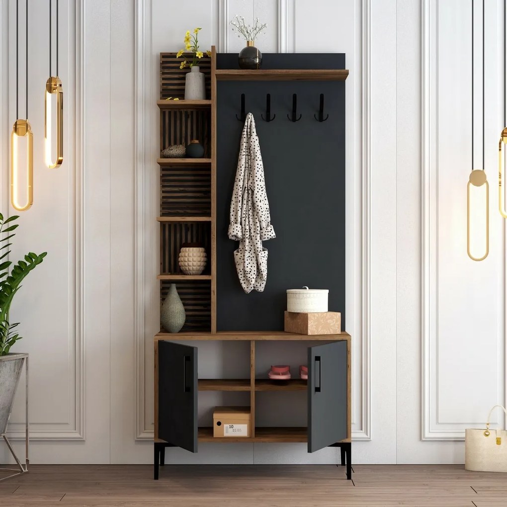 Vešiak s botníkom a policami Viyana Walnut and Anthracite