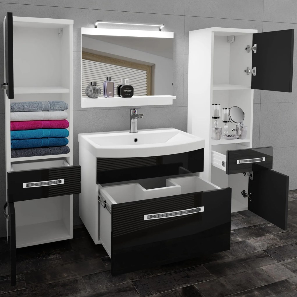 Kúpeľňový nábytok Belini Premium Full Version čierny lesk + umývadlo + zrkadlo + LED osvetlenie Glamour 101