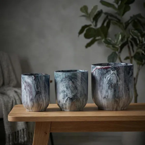 Sada 3 ks keramických květináčů NEVA MARBLE V modrá/šedá