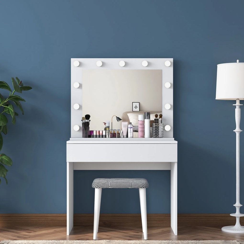 Minimalistický toaletní stolek Alisson III s LED zrcadlem a taburetem bílý