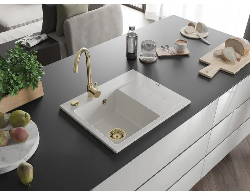 Mexen Ben, 1-komorový granitový drez 600x500x190 mm, ľavý + zlatý sifón, biela, 6522605000-20-G