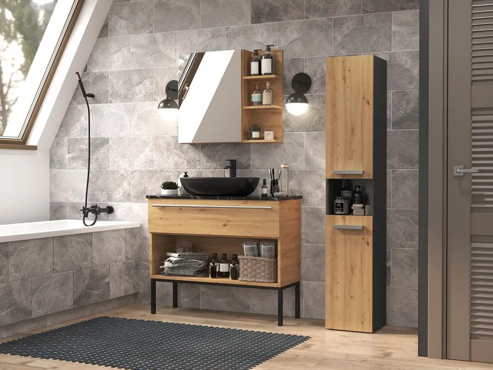 Koupelnová skříňka s košem na prádlo NEL III antracit/dub artisan