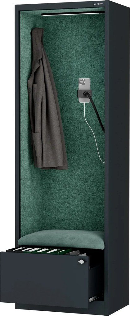 Kancelárska akustická kabína so sedadlom a portom USB-C, telo v antracitovej farbe / sedadlo v zelenej farbe, 600 mm: SALLY MentalBox