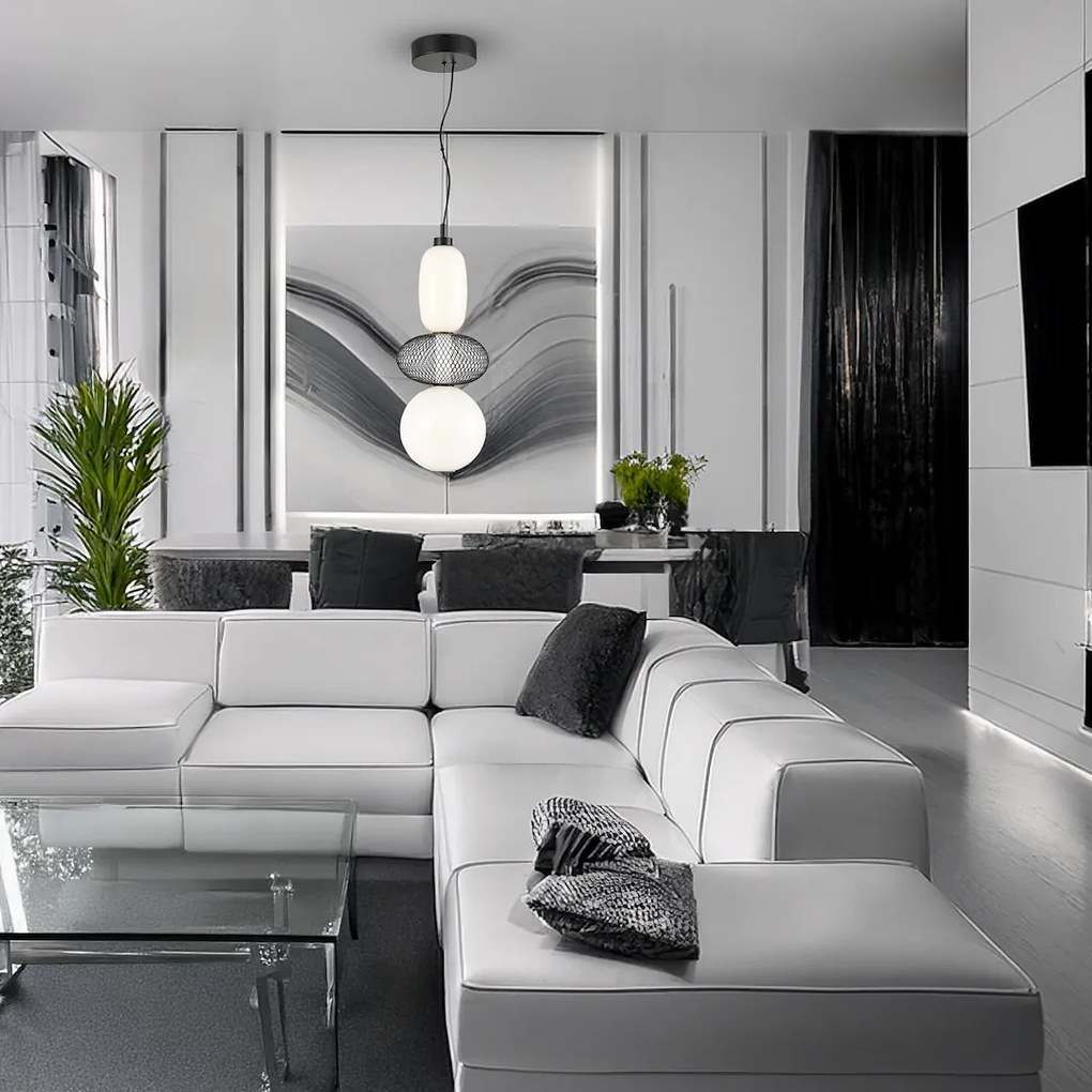 Závesné svietidlo Arame, 2x biele sklenené/1x čierne drôtené tienidlo, b