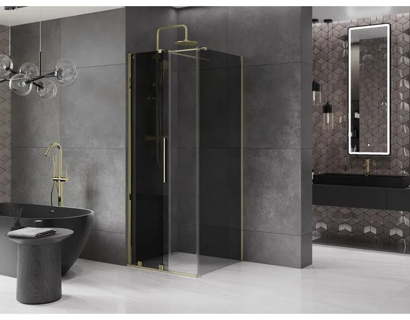 Mexen Velar, sprchový kút s posuvnými dverami 90 x 90 cm, 8mm šedé sklo, zlatá lesklá, 871-090-090-41-50