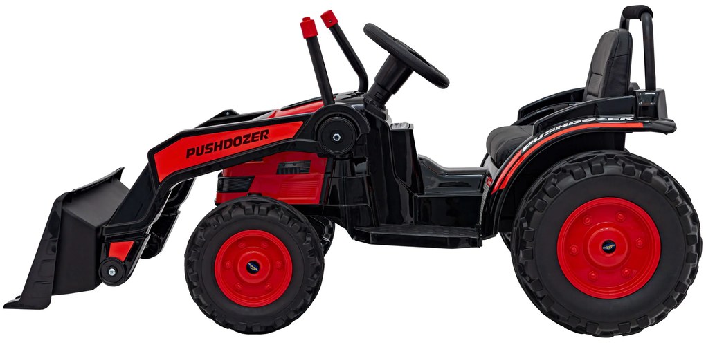 Červený detský elektrický traktorový bager 12V s diaľkovým ovládaním, pohyblivým ramenom a FM rádiom