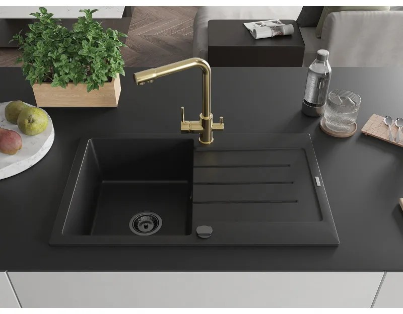 Mexen Bruno, 1-komorový granitový drez s odkvapkávačom 795x495x200 mm a zlatá batéria Duero, čierna, 6513-77-671600-50-B