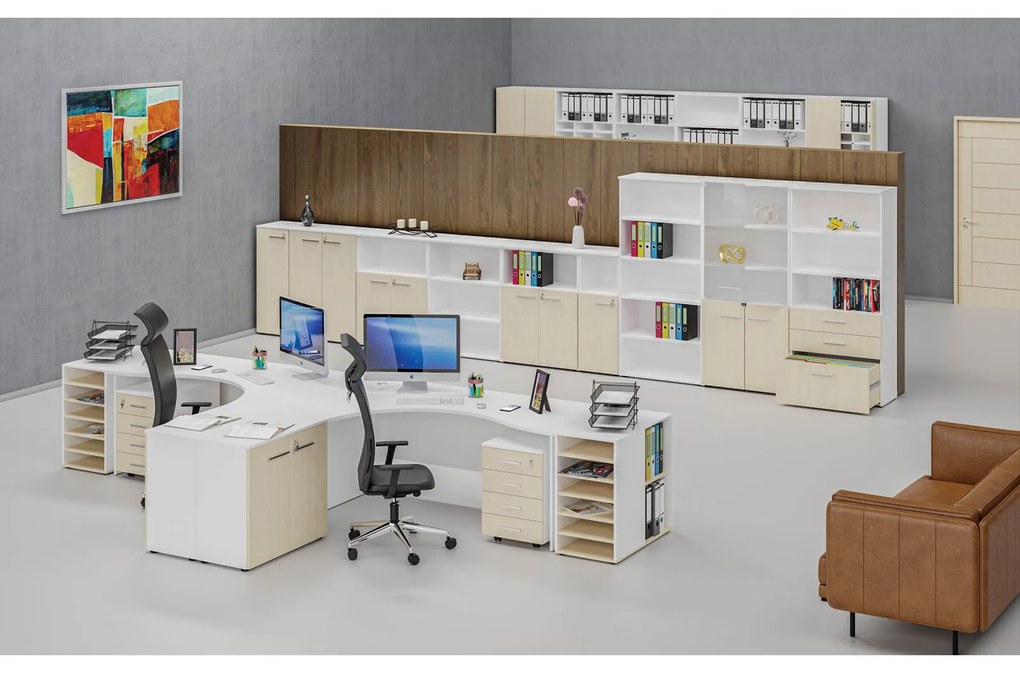 Kancelársky rohový pracovný stôl PRIMO WHITE, 1600 x 1200 mm, pravý, biela/breza
