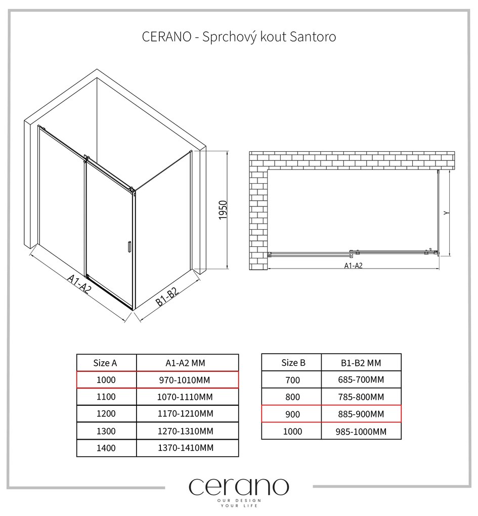 Cerano Lantono, sprchovací kút s posuvnými dverami 100(dvere) x 90(stena) x 195 cm, 8mm číre sklo, čierny profil, CER-CER-431476