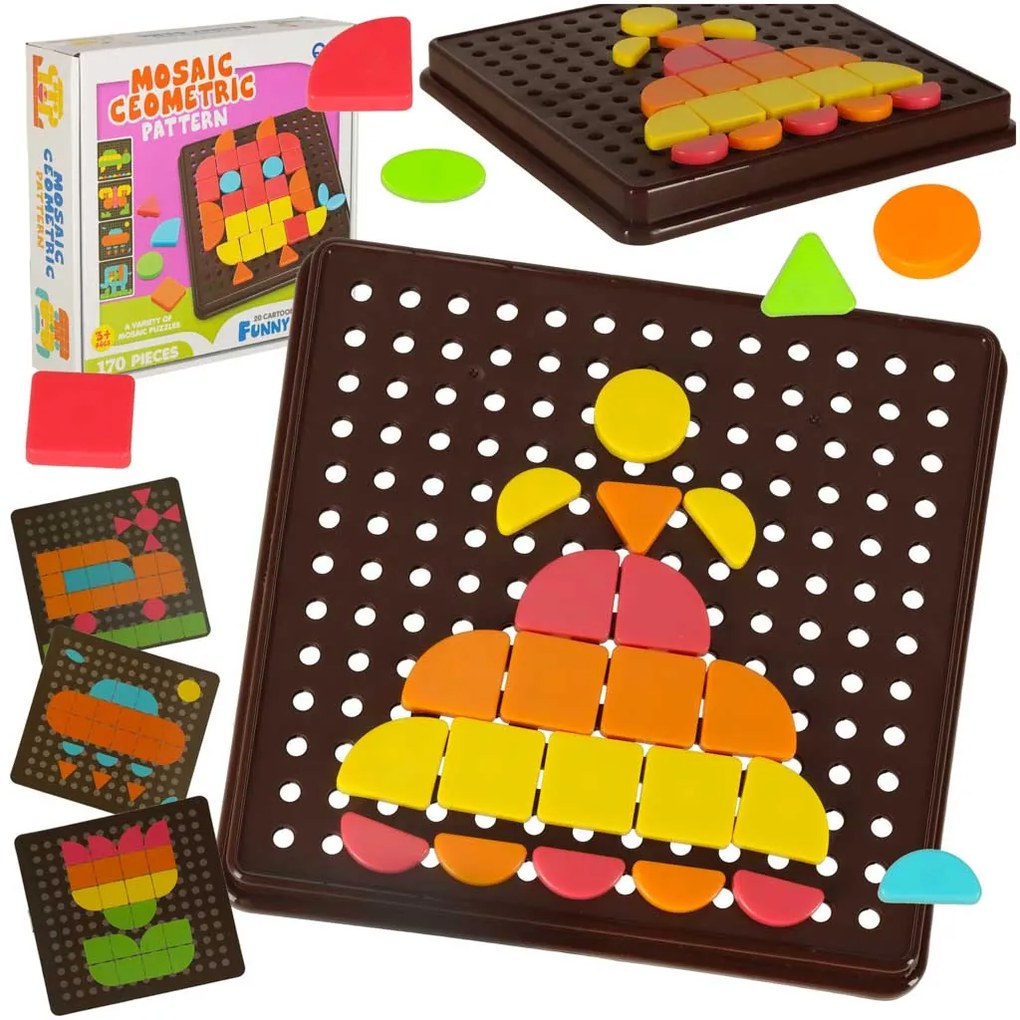 KIK Detská kreatívna mozaika 170 ks – puzzle 5 farieb, doska a 10 kariet (3+)