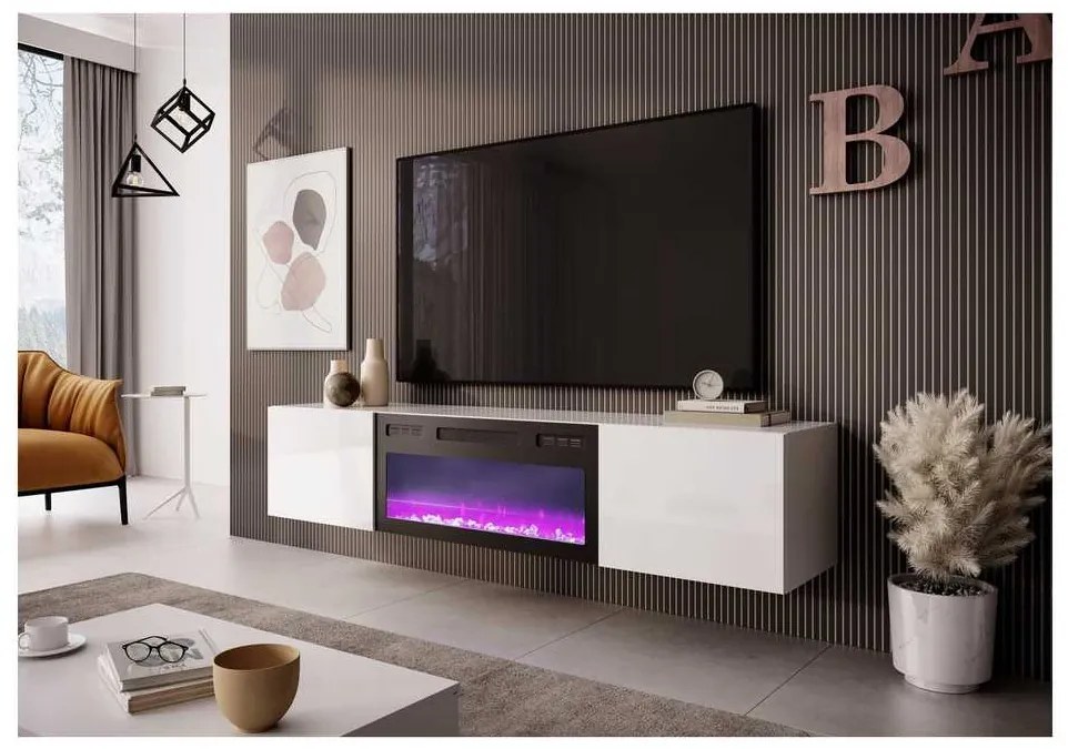 TV stolík Livo s imitáciou krbu, biela / čierna