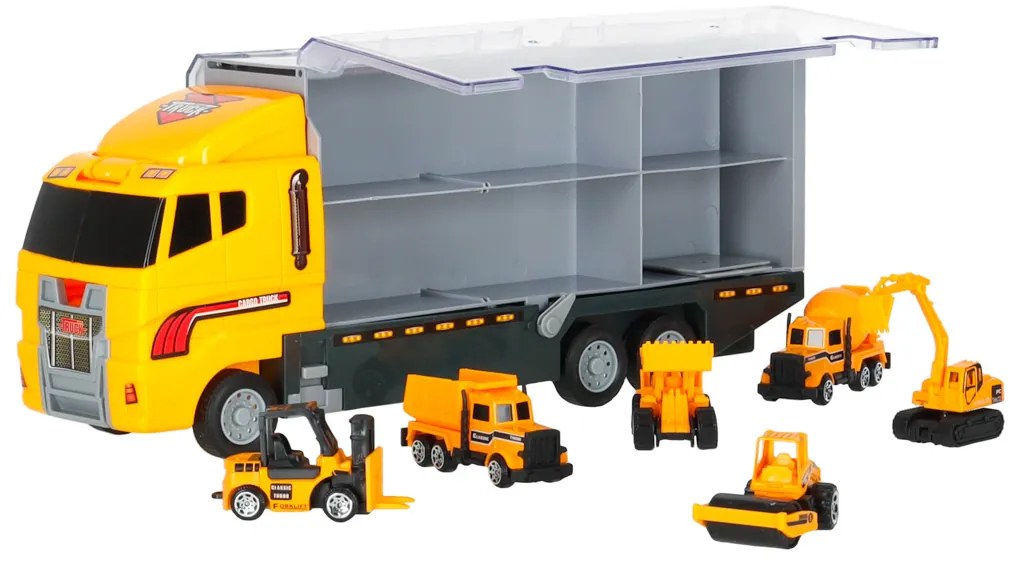 KIK Nákladné auto transportér so 6 kovovými stavebnými strojmi