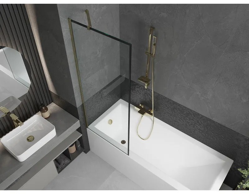 Mexen Next, vaňová zástena 1-krídlová 70 x 150 cm, fixné krídlo, 6 mm číre sklo s čiernym vzorom, zlatý profil, 895-070-000-00-70-50