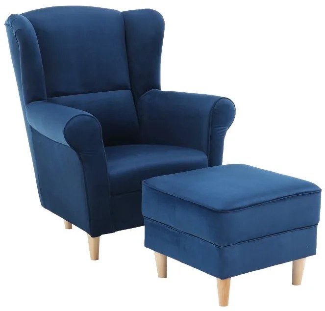 Kondela Kreslo, ušiak s taburetom, modrá látka, ASTRID