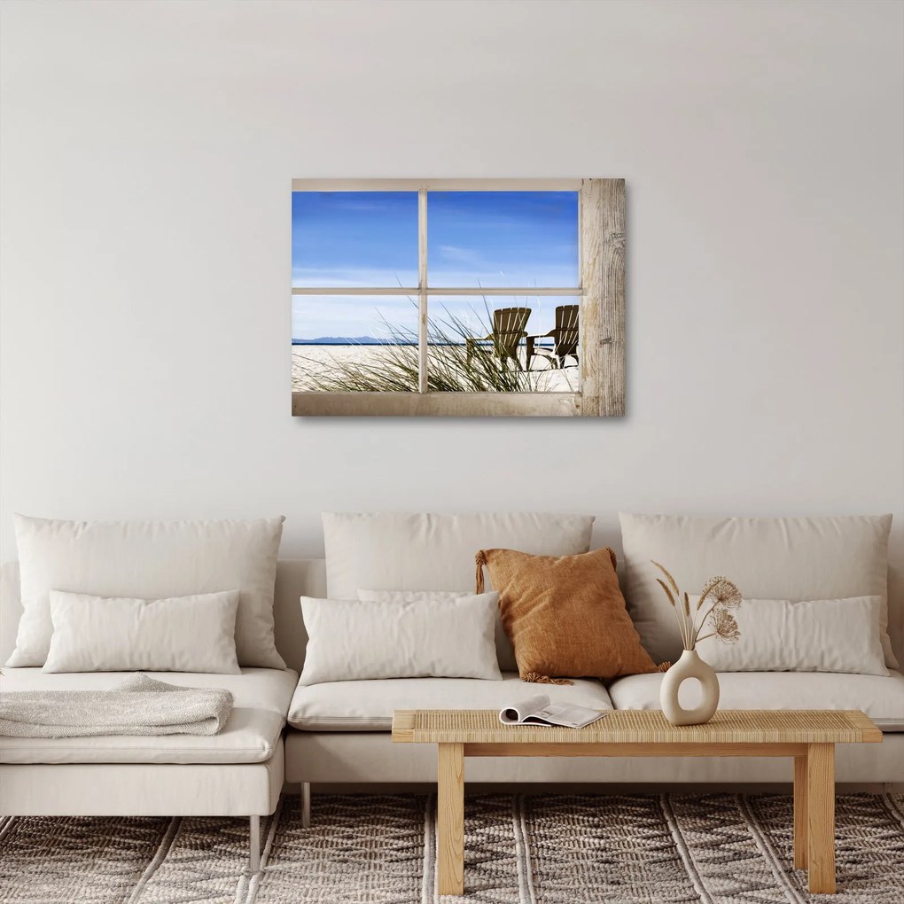 Obraz - Okno v výhľadom na pláž (70x50 cm)